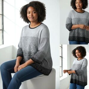 Alfred Dunner Embellished Beaded Sweater Glitter 3/4 Sleeve Round Neck Stretch